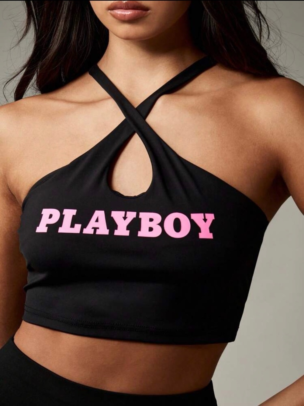 PLAYBOY Black Crop Top with Pink Logo and Crisscross Halter
